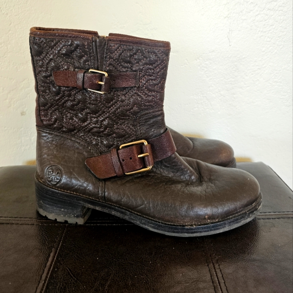 Tory‎ Burch Boho Chic Quilted Brown Leather Ankle Buckle Detail Boots Sz 7.5